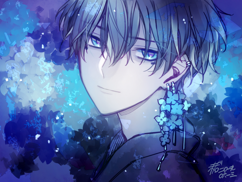1boy black_kimono blue_background blue_eyes blue_theme closed_mouth commentary dated earclip earrings eyes_visible_through_hair flower_earrings grey_hair hair_between_eyes highres japanese_clothes jewelry kimono light_particles looking_at_viewer male_focus matsunaka_hiro original portrait short_hair signature solo