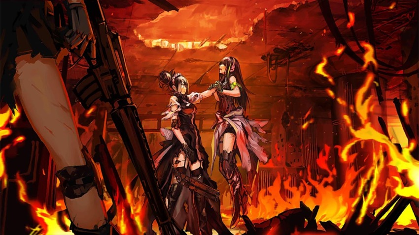 3girls agent_(girls&#039;_frontline) armband asphyxiation assault_rifle black_gloves black_hair black_skirt blood blood_stain chinese_text clothes_around_waist double_bun english_text finger_on_trigger fire from_above from_behind from_below garter_straps girls&#039;_frontline gloves gun hair_between_eyes hair_bun hand_on_another&#039;s_neck headphones holding holding_gun holding_weapon indoors infukun injury jacket jacket_around_waist knee_pads long_hair m16 m16a1 m16a1_(girls&#039;_frontline) m4a1_(girls&#039;_frontline) maid maid_headdress multicolored_hair multiple_girls neck_grab official_art page_number photoshop_(medium) rifle ruins sangvis_ferri scan skirt strangling streaked_hair tagme thigh_strap third-party_source torn_clothes translation_request very_long_hair weapon