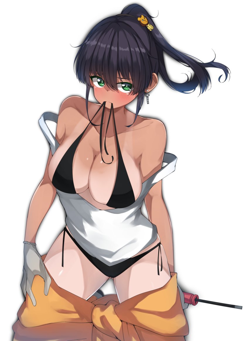 1girl absurdres alternate_hairstyle bikini bikini_under_clothes black_bikini black_hair blush bob_cut breasts cleavage closed_mouth commentary cowboy_shot dark-skinned_female dark_skin earrings frown girls_und_panzer gloves green_eyes hair_ornament hair_up halterneck highres holding holding_screwdriver hoshino_(girls_und_panzer) jewelry jumpsuit jumpsuit_pull kshimu large_breasts leopon_(animal) looking_at_viewer mechanic medium_hair mouth_hold orange_jumpsuit ponytail pulling_own_clothes screw screwdriver shirt side-tie_bikini_bottom simple_background solo standing strap_slip swimsuit tan tank_top tanline uniform untied_bikini white_background white_gloves white_shirt
