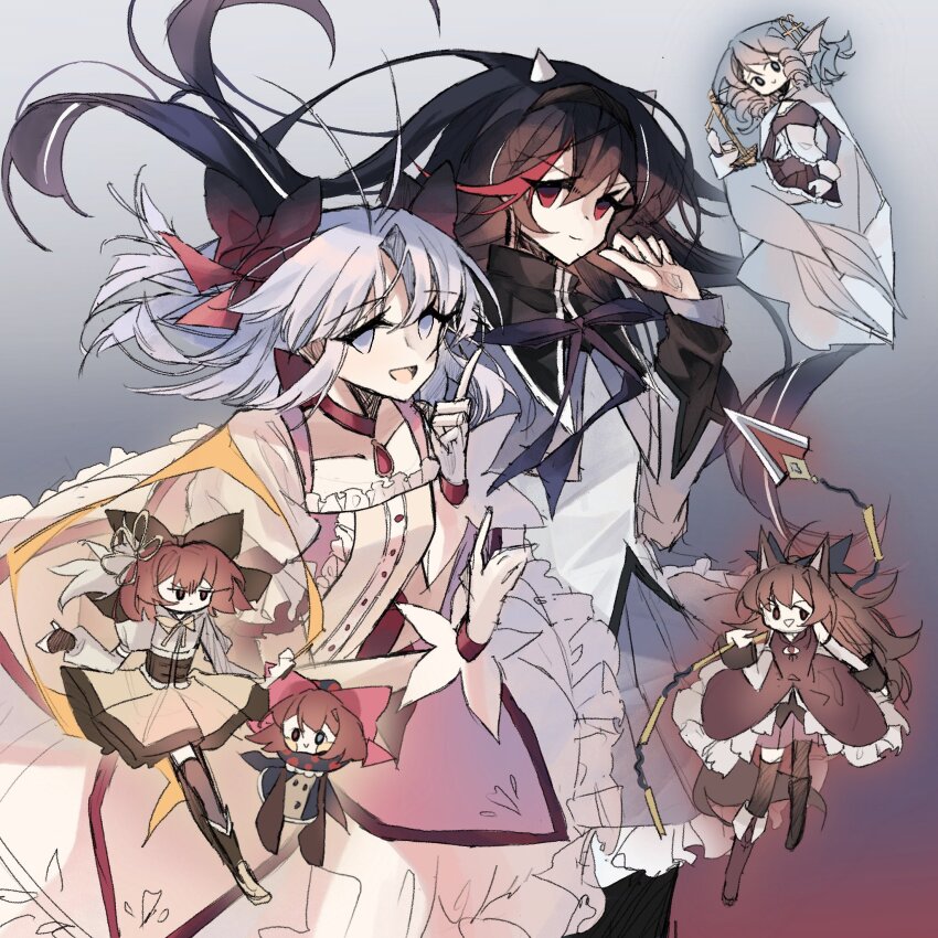 5girls :d akemi_homura akemi_homura_(cosplay) akemi_homura_(magical_girl) animal_ears black_bow black_dress blue_eyes blue_hair blue_tail boots bow brown_hair charlotte_(madoka_magica) charlotte_(madoka_magica)_(cosplay) commentary cone_horns cosplay double_dealing_character dress drill_hair drill_sidelocks fins full_body gloves gradient_background hair_bow hair_ornament head_fins highres horns imaizumi_kagerou kaname_madoka kaname_madoka_(cosplay) kaname_madoka_(magical_girl) kijin_seija light_purple_hair long_hair looking_at_viewer magical_girl mahou_shoujo_madoka_magica mahou_shoujo_madoka_magica_(anime) mermaid miki_sayaka miki_sayaka_(cosplay) miki_sayaka_(magical_girl) monster_girl multicolored_hair multiple_girls multiple_heads open_mouth purple_eyes red_bow red_hair sakura_kyoko sakura_kyoko_(cosplay) sakura_kyoko_(magical_girl) sekibanki short_hair sidelocks smile streaked_hair sukuna_shinmyoumaru thighhighs tomoe_mami tomoe_mami_(cosplay) tomoe_mami_(magical_girl) touhou wakasagihime white_gloves white_hair wolf_ears wolf_girl zerocf155