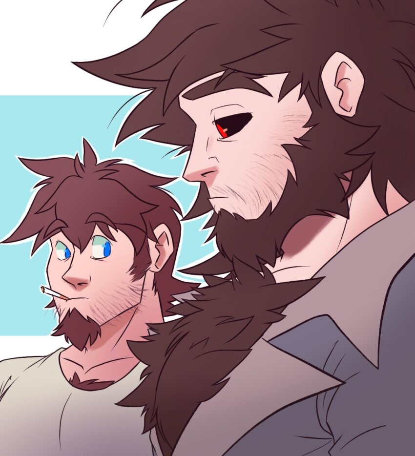 2boys bara beard black_sclera blue_eyes brown_hair chest_hair_peek chest_tuft cigarette clyde_(ren_locke) colored_sclera couple facial_hair forked_eyebrows from_side full_beard girl_staring_at_guy&#039;s_chest_(meme) goatee huge_eyebrows large_pectorals long_hair looking_at_pectorals looking_down male_focus mature_male medium_sideburns meme multiple_boys muscle_envy muscular muscular_male mustache original pectoral_cleavage pectorals red_eyes ren_locke short_hair spiked_hair thick_beard thick_chest_hair thick_eyebrows thick_mustache upper_body yaoi