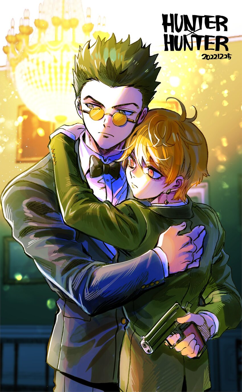 1boy 2boys arm_around_neck arms_behind_back bae_(baebae) black_hair black_suit blonde_hair blue_tabard bow bowtie chain chandelier closed_mouth copyright_name couple crystal_earrings earrings formal_clothes gun hand_on_another&#039;s_back highres holding holding_gun holding_weapon hug hunter_x_hunter indoors jewelry kurapika leorio_paladiknight long_sideburns looking_ahead male_focus multiple_boys multiple_rings ring round_eyewear short_hair sideburns solo spiked_hair suit sunglasses tabard weapon yaoi