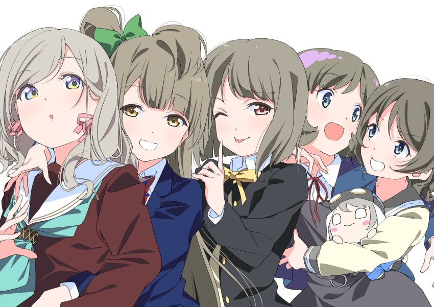 belt blue_eyes bow bowtie brown_hair buckle buttons ceras_yanagida_lilienfeld collared_shirt crossover dot_nose dress dress_shirt finger_to_mouth genjitsu_no_yohane goggles grey_hair hair_ornament hand_up hasu_no_sora_school_uniform hat highres hug in-franchise_crossover jacket link!_like!_love_live! long_hair long_sleeves love_live! love_live!_nijigasaki_high_school_idol_club love_live!_school_idol_project love_live!_sunshine!! minami_kotori multicolored_eyes multicolored_hair multiple_girls nakasu_kasumi neck_ribbon necktie nesoberi nijigasaki_school_uniform ninagawa_jin nose one_eye_closed open_mouth otonokizaka_school_uniform ponytail purple_eyes red_eyes ribbon sailor_collar school_uniform serafuku shirt short_hair shorts shushing simple_background streaked_hair stuffed_toy tang_keke tongue tongue_out uranohoshi_school_uniform watanabe_you wavy_hair white_background white_hair winter_uniform yellow_eyes you_(genjitsu_no_yohane) yuigaoka_school_uniform