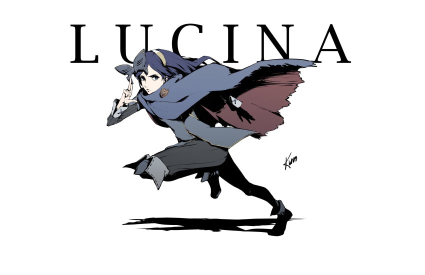 1girl blue_boots blue_cape blue_eyes blue_hair blue_shirt bodysuit boots cape character_name commentary english_commentary female_focus fire_emblem fire_emblem_awakening full_body highres holding holding_mask knee_boots leg_up long_hair long_sleeves looking_at_viewer lucina_(fire_emblem) mask nintendo running serious shirt sidelocks signature sleeve_cuffs soejima_shigenori_(style) solo tiara
