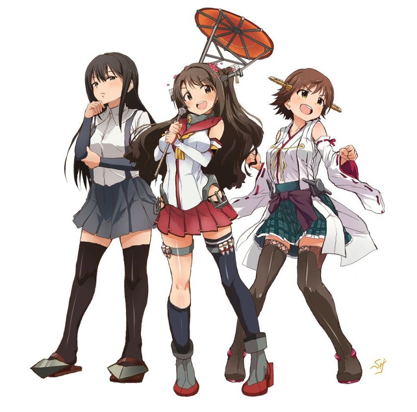 3girls anchor arashio_(kancolle) arashio_(kancolle)_(cosplay) arm_warmers bare_shoulders black_hair black_socks boots brown_eyes brown_hair cherry_blossoms commentary_request cosplay detached_sleeves flower full_body green_skirt grey_skirt hair_flower hair_ornament hairband headgear hiei_(kancolle) hiei_(kancolle)_(cosplay) hip_vent honda_mio idolmaster idolmaster_cinderella_girls kantai_collection kneehighs long_hair look-alike multiple_girls new_generations nontraditional_miko oil-paper_umbrella open_mouth pleated_skirt ponytail red_skirt red_umbrella ribbon-trimmed_sleeves ribbon_trim school_uniform shibuya_rin shift_(waage) shimamura_uzuki shirt short_hair short_sleeves simple_background single_thighhigh skirt socks suspender_skirt suspenders thigh_boots thighhighs umbrella white_background white_shirt yamato_(kancolle) yamato_(kancolle)_(cosplay)