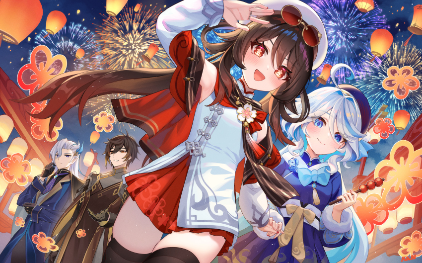 2boys 2girls absurdres beret black_thighhighs blue_eyes blue_hair brown_hair closed_mouth drop-shaped_pupils eyewear_on_head flower-shaped_pupils furina_(genshin_impact) genshin_impact hair_between_eyes hat highres holding_hands hu_tao_(cherries_snow-laden)_(genshin_impact) hu_tao_(genshin_impact) lalazyt long_hair long_sleeves looking_at_viewer multiple_boys multiple_girls neuvillette_(genshin_impact) official_alternate_costume open_mouth outdoors red_eyes red_skirt round_eyewear skirt smile symbol-shaped_pupils thighhighs white_hat zhongli_(genshin_impact)
