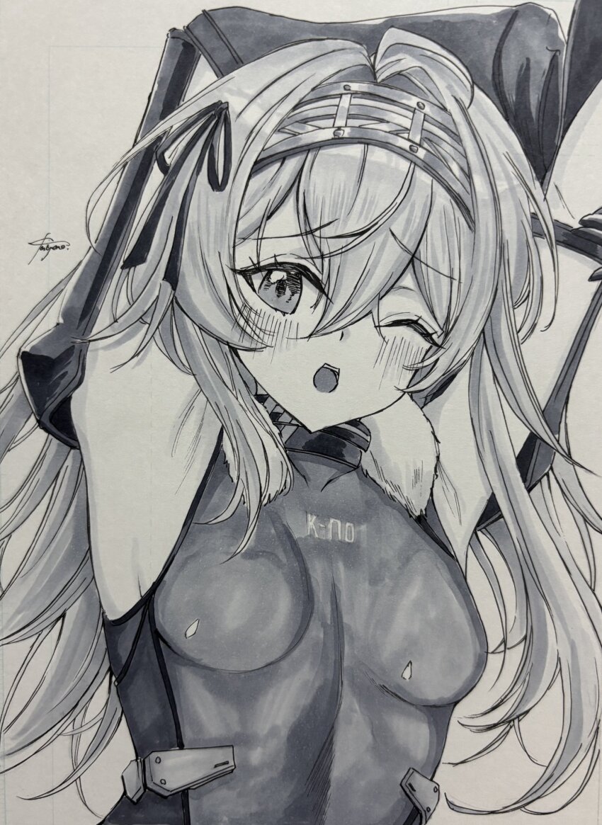 1girl ahoge armpit_cutout armpits arms_up blush breasts clothing_cutout fur_collar fur_trim furrowed_brow gloves goddess_of_victory:_nikke greyscale hair_between_eyes hair_intakes hair_ribbon hairband hatching_(texture) highres kilo_(nikke) leotard long_bangs long_hair long_sleeves looking_at_viewer monochrome mugen_kageno one_eye_closed open_mouth ribbon signature simple_background skin_tight small_breasts solo stretching traditional_media upper_body