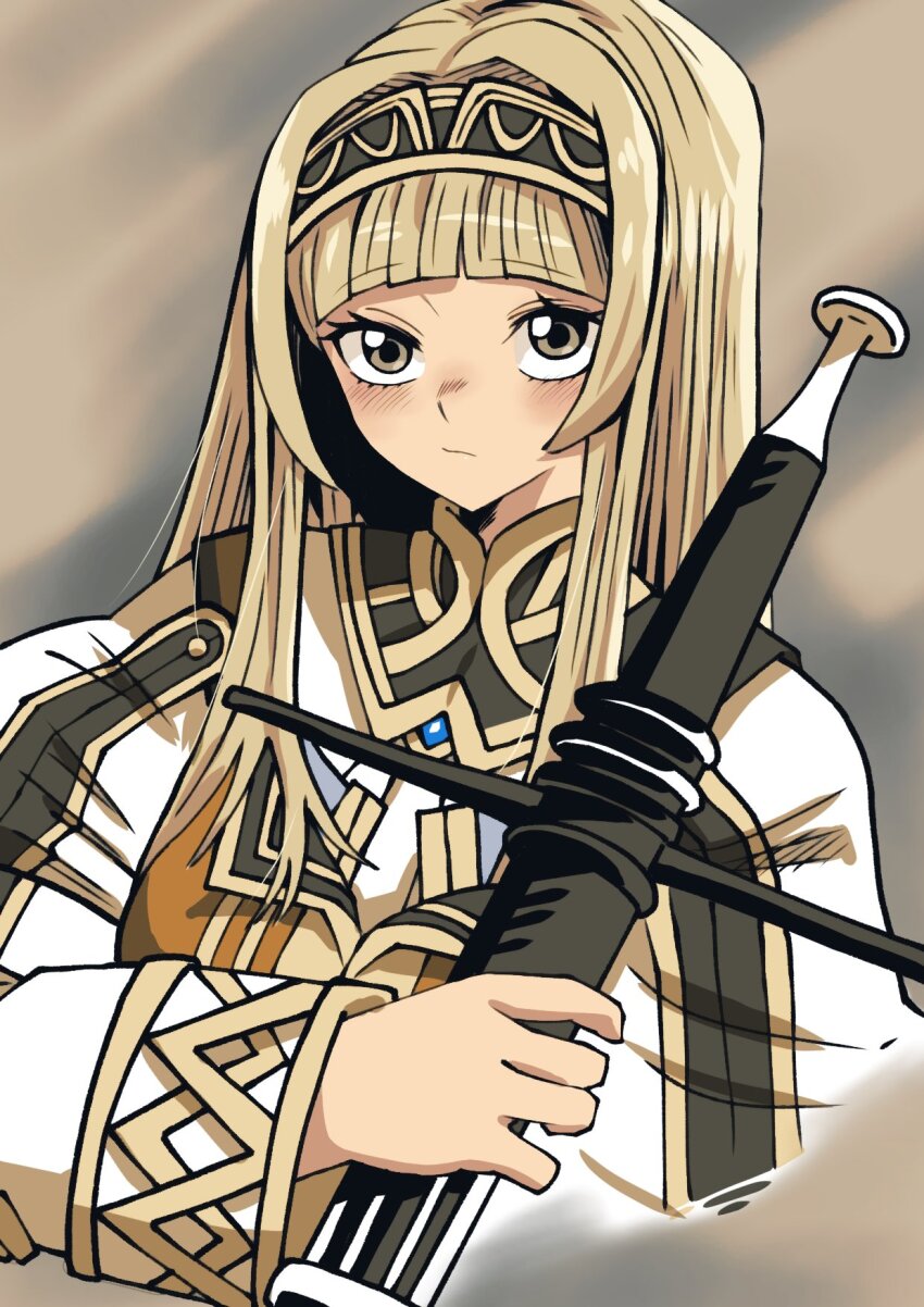 1girl alicia_(valkyrie_profile_2) batchgooya blonde_hair brown_eyes closed_mouth headband highres holding holding_sword holding_weapon long_hair looking_at_viewer solo sword valkyrie_profile_(series) valkyrie_profile_2:_silmeria weapon