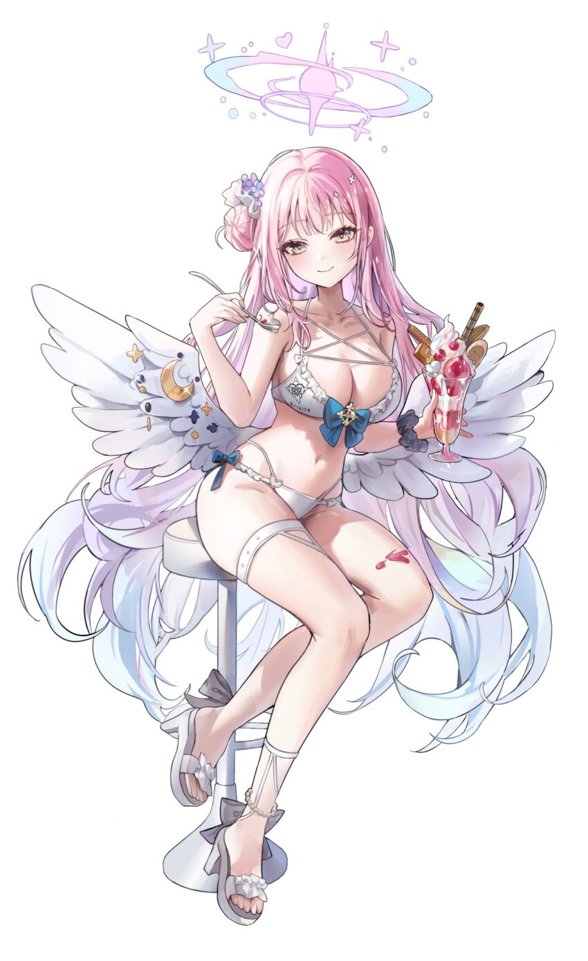 1girl alternate_costume bare_shoulders bikini blue_archive blue_bow bow breasts cleavage closed_mouth collarbone commentary cup feathered_wings footwear_bow full_body grey_bow hair_bun hands_up heart heart_o-ring highres holding holding_cup holding_spoon large_breasts long_hair looking_at_viewer low_wings mika_(blue_archive) mungduck navel o-ring pink_hair simple_background single_side_bun sitting smile solo spoon stomach swimsuit thigh_strap very_long_hair white_background white_bikini white_wings wings yellow_eyes