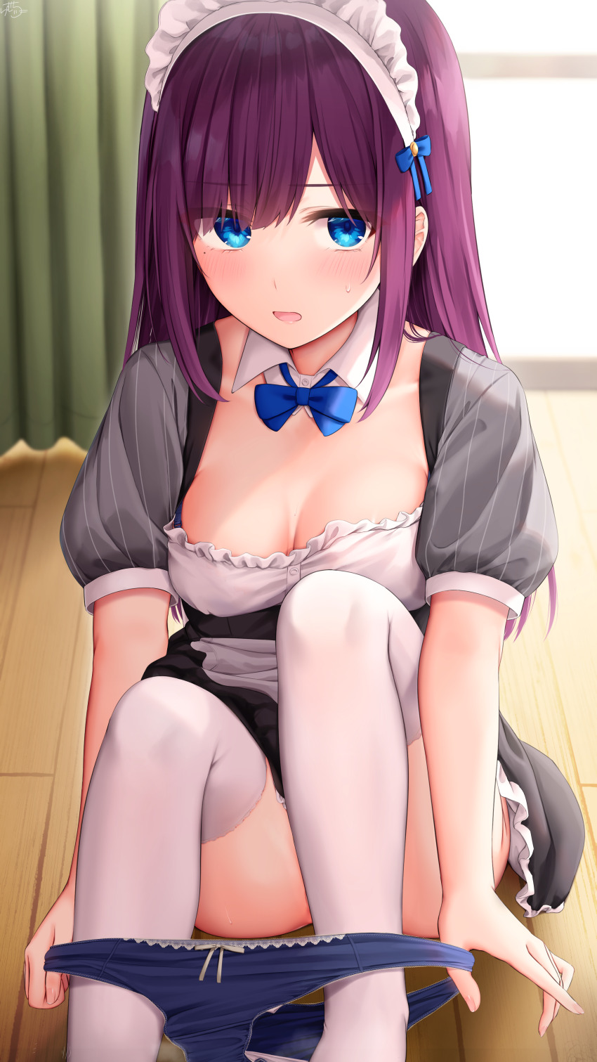 1girl absurdres blue_bow blue_bowtie blue_eyes blue_panties blush bow bow_panties bowtie breasts cleavage collarbone commentary_request detached_collar dress eyes_visible_through_hair frilled_dress frills highres long_hair looking_at_viewer maid maid-chan_(ramchi) maid_headdress medium_breasts mole mole_under_eye original panties panty_pull purple_hair ramchi short_sleeves sitting straight_hair sweat swept_bangs thighhighs thighs underwear white_thighhighs