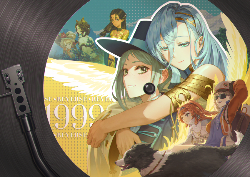 37_(happy_bird_catcher)_(reverse:1999) 37_(reverse:1999) 6+girls absurdres animal_ears armlet arms_around_neck backpack bag bare_shoulders black_coat black_hair black_hat blonde_hair blue_coat blue_dress blue_eyes blue_hair blue_neckerchief boater_hat border_collie brown_hair coat copyright_name deer_ears deer_girl dog dress from_side gloves green_dress green_gloves green_hat grey_eyes grey_hair grin half-closed_eyes hat high_collar highres hug hug_from_behind jacket jessica_(reverse:1999) jewelry kaalaa_baunaa karlhe long_hair looking_at_viewer multiple_girls neckerchief newsboy_cap orange_hair phonograph_needle pickles_(reverse:1999) polka_dot_neckerchief red_jacket regulus_(reverse:1999) reverse:1999 shirt short_hair smile sonetto_(reverse:1999) sotheby sunglasses upper_body vertin_(reverse:1999) vinyl_record white_dress white_shirt yellow_shirt