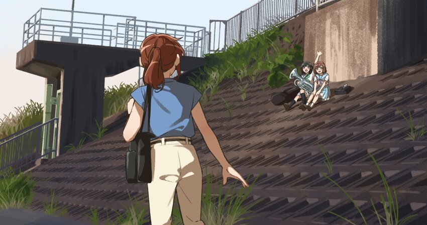 3girls bag belt black_hair blue_shirt brown_hair commentary concrete facing_away fuyuhino grass green_neckerchief hibike!_euphonium highres instrument_case khaki_pants kitauji_high_school_uniform multiple_girls neckerchief oumae_kumiko ponytail railing red_neckerchief riverbank sailor_collar school_uniform shirt short_hair shoulder_bag sitting summer_uniform teacher teacher_and_student waving