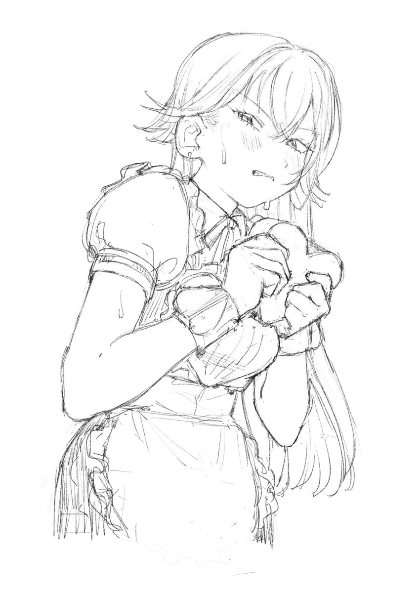 1girl apron blush chocolate food gakuen_idolmaster glaring heart highres holding holding_chocolate holding_food holding_heart idolmaster maid maid_apron scowl shikariyo sketch squinting sweat sweatdrop tsukimura_temari white_background