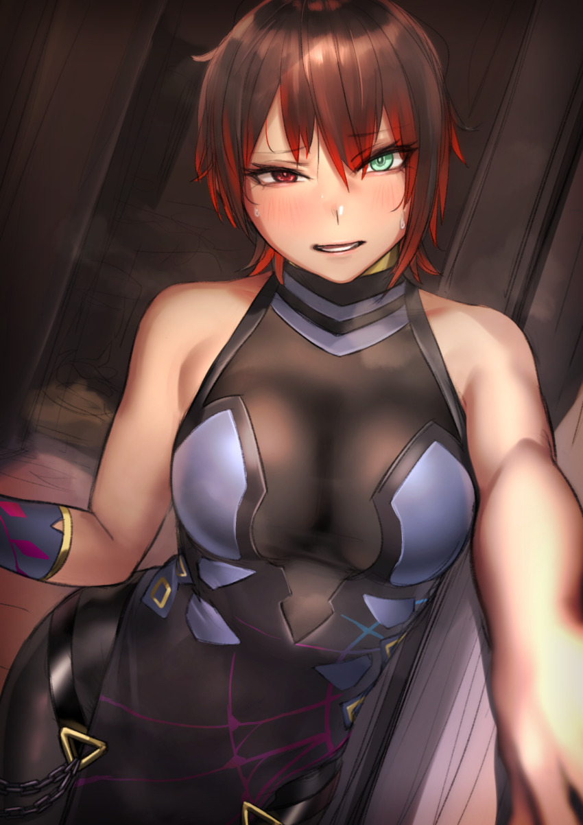 1girl barghest_(fate)_(cosplay) bodysuit breasts brown_hair colored_tips cosplay cowboy_shot barghest_(fate) barghest_(second_ascension)_(fate) fate/grand_order fate_(series) gradient_hair green_eyes heterochromia highres kilye_kairi looking_at_viewer medium_breasts multicolored_hair original pelvic_curtain red_eyes red_hair short_hair skin_tight solo two-tone_hair