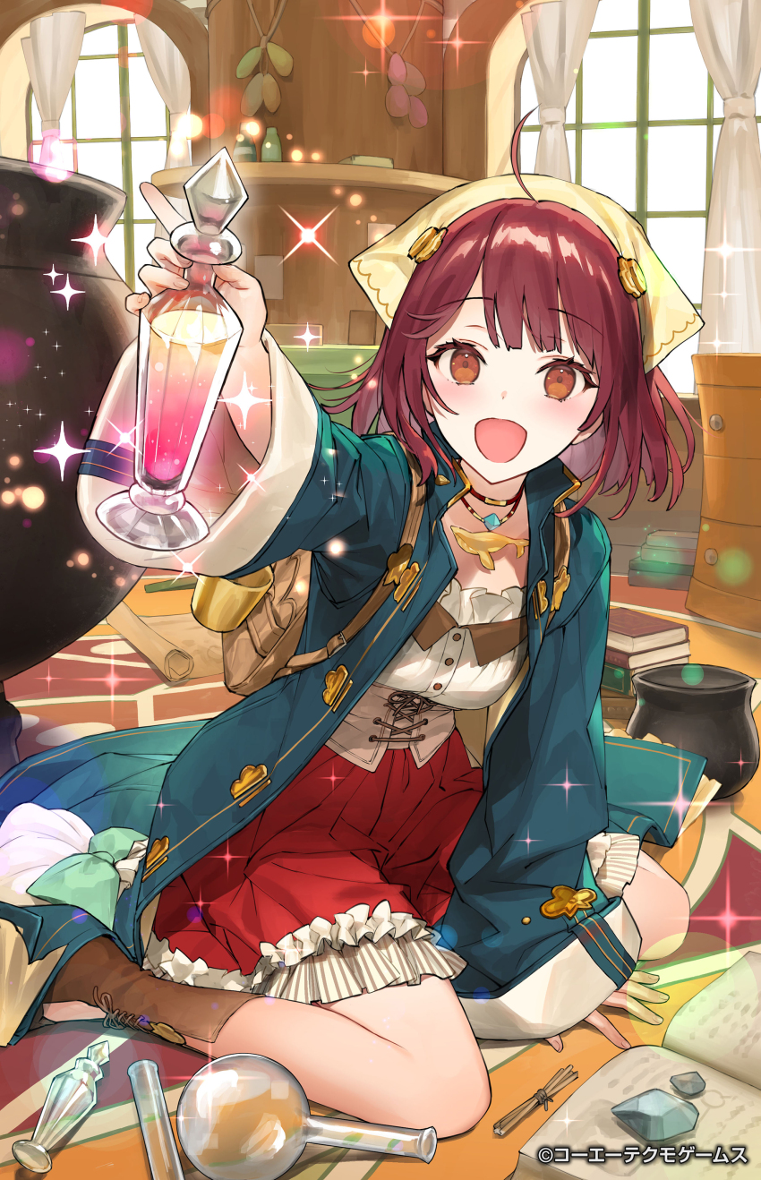 1girl absurdres ahoge arm_support atelier_(series) atelier_resleriana atelier_sophie blue_coat book book_stack brown_footwear cauldron coat commentary_request copyright_notice full_body ginka_sima headscarf highres holding_potion jewelry long_sleeves looking_at_viewer messy_room necklace official_art open_book open_clothes open_coat open_mouth red_eyes red_hair red_skirt shirt short_hair sitting skirt smile solo sophie_neuenmuller sparkle wariza white_shirt yellow_headscarf