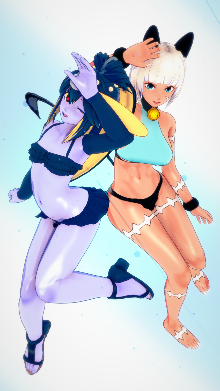 2girls 3d absurdres animal_ears bell blue_skin cat_girl colored_sclera colored_skin detached_sleeves fish_girl high_heels highres minette_(skullgirls) ms._fortune_(skullgirls) multiple_girls one_eye_closed ponytail scales shell_hair_ornament skullgirls swimsuit wink yellow_sclera