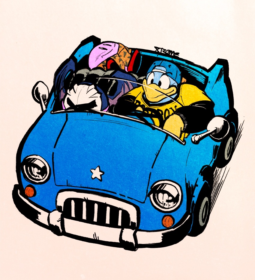 2boys backwards_hat baseball_cap bat_wings brown_background colored_skin cosplay dragon_ball dragonball_z driving gloves hat highres king_dedede kirby kirby_(series) lying mask meta_knight multiple_boys nintendo piccolo piccolo_(cosplay) pink_skin shirt signature simple_background smile son_goku son_goku_(cosplay) star_(symbol) vegeta vegeta_(cosplay) wings xtremexavier yellow_gloves yellow_shirt
