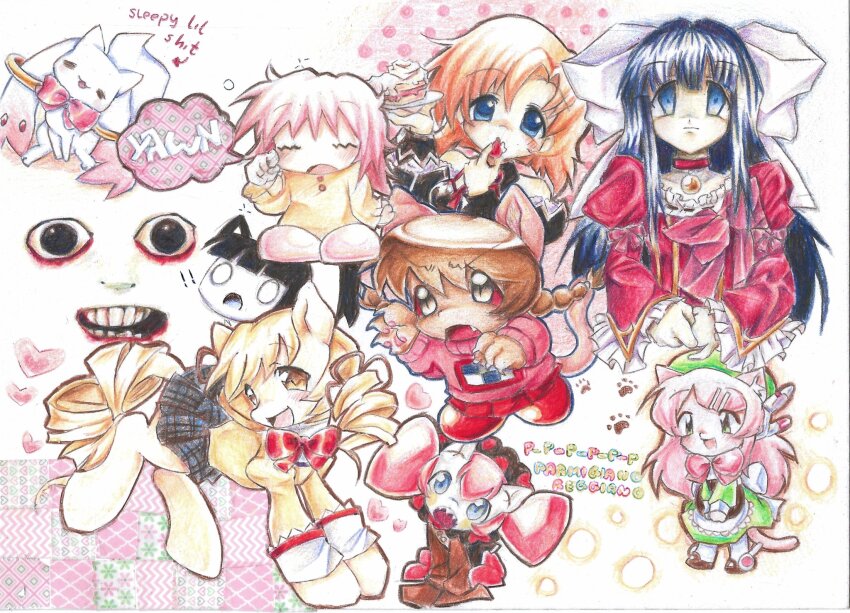 2000s_(style) 5girls animal animalization blonde_hair blue_eyes blue_hair bow braid brown_hair cat_girl character_request charlotte_(madoka_magica) chibi commentary copyright_request crossover dress drill_hair english_commentary english_text hair_bow highres higurashi_no_naku_koro_ni horror_(theme) kaname_madoka kemonomimi_mode kyubey lennardo_(grim_the_end) long_hair madotsuki mahou_shoujo_madoka_magica momone_momo multiple_girls my_little_pony my_little_pony:_friendship_is_magic orange_hair pink_hair pony_(animal) ryuuguu_rena school_uniform short_hair tomoe_mami traditional_media twin_braids twin_drills utau yume_nikki