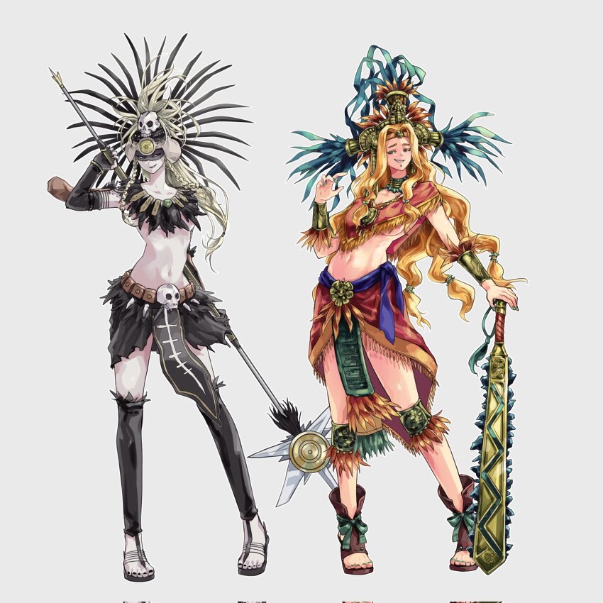 2girls aztec blonde_hair blush bracer breasts chin_piercing cleavage fate/grand_order fate_(series) genderswap genderswap_(mtf) green_eyes green_nails hair_ornament headband headdress highres jewelry kassia labret_piercing large_breasts long_hair looking_at_viewer macuahuitl mexican_clothes mexican_dress mouth_piercing multiple_girls navel open_mouth poncho quetzalcoatl_(fate) simple_background smile teeth tezcatlipoca_(fate) very_long_hair