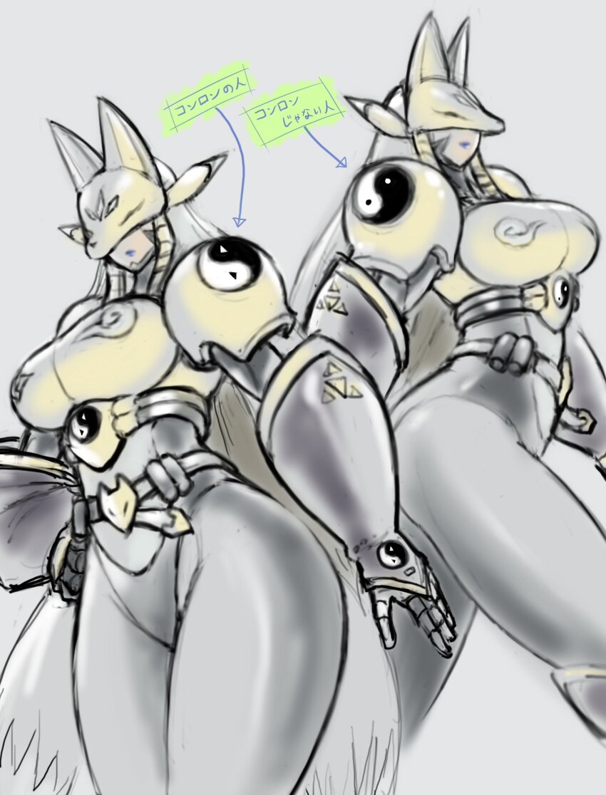 1girl armor black_bodysuit bodysuit breasts commentary_request cowboy_shot digimon digimon_(creature) facial_mark fox_mask gold_armor grey_hair highres large_breasts long_hair mas_square mask multiple_views purple_lips sakuyamon simple_background translation_request white_background