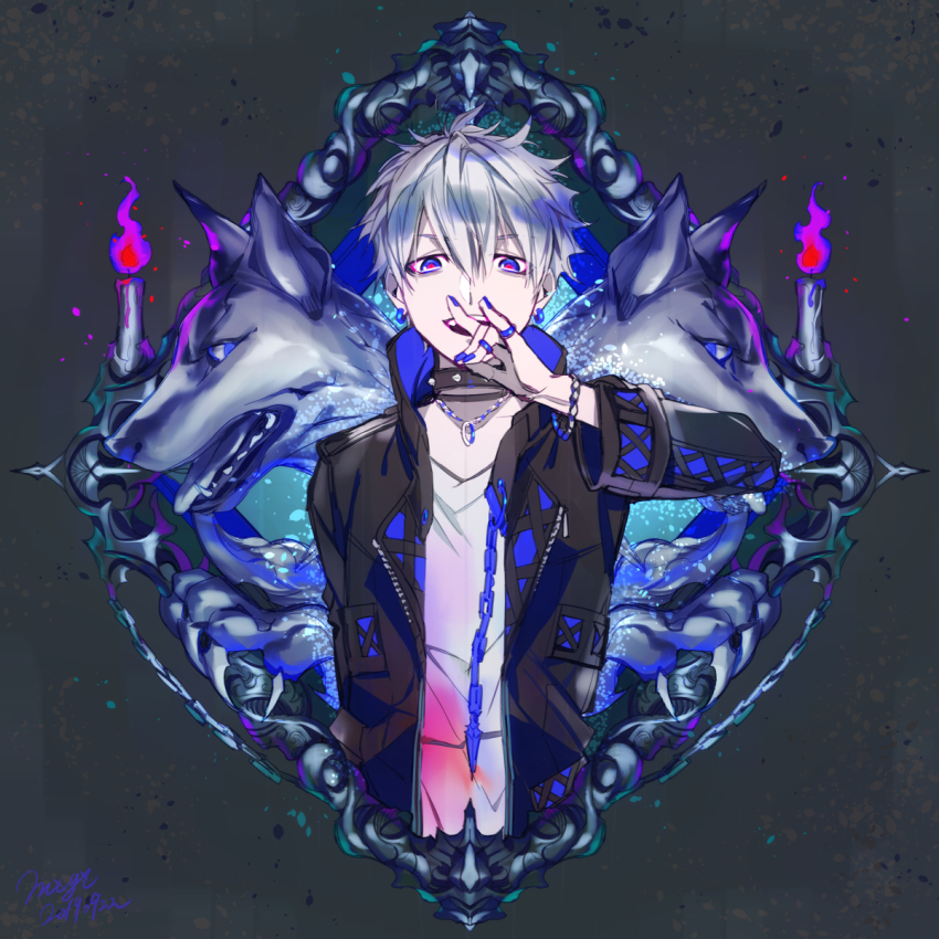 1boy black_collar black_jacket blue_eyes bracelet candle chain collar commentary earrings english_commentary fire fox_shadow_puppet grey_hair hair_between_eyes highres jacket jewelry long_sleeves male_focus matsunaka_hiro necklace open_clothes open_jacket open_mouth original ring shirt short_hair smile solo spiked_collar spikes upper_body white_shirt wolf