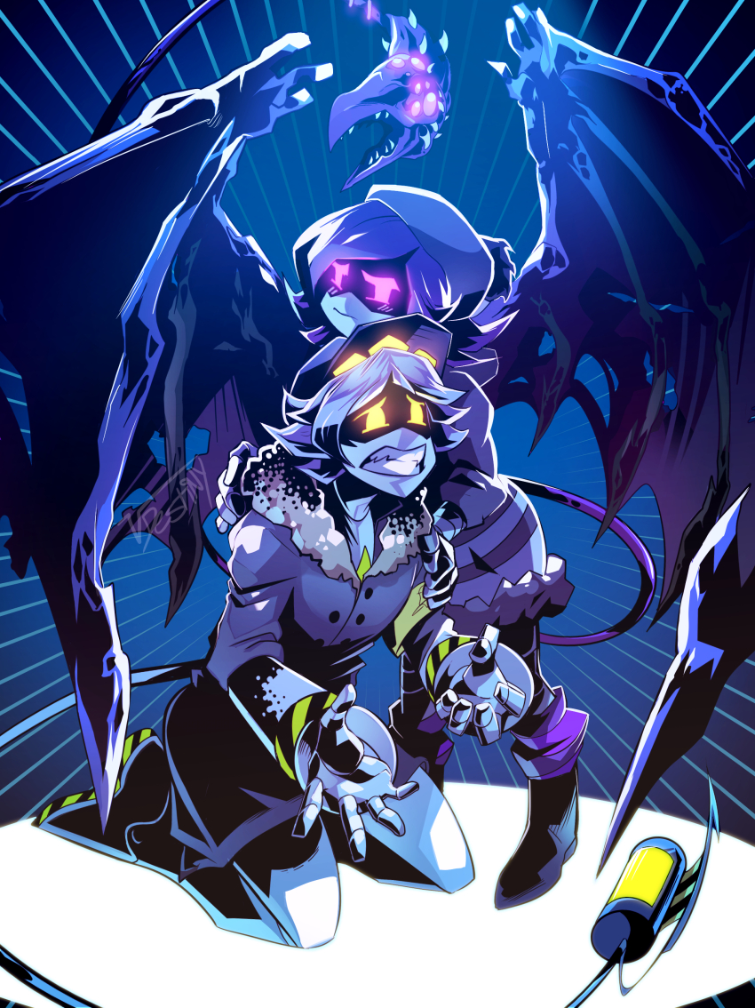 1boy 1girl absurdres bat_wings beanie_hat choker coat demon_wings glitch_productions hair_over_one_eye hat highres monster_tail murder_drones n_(murder_drones) purple_eyes purple_hair robot tail teeth uzi_(murder_drones) wings yellow_eyes