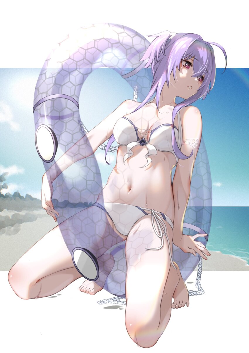 1girl :o bare_shoulders beach bikini breasts brown_eyes collarbone fune_(fune83ojj) goddess_of_victory:_nikke headband highres innertube liberalio_(nikke) light_blush medium_breasts midriff navel ocean parted_lips purple_hair sand short_hair skirt solo swim_ring swimsuit water white_bikini white_skirt