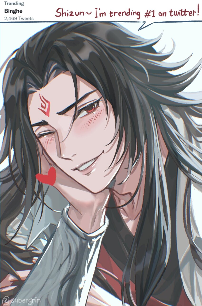 1boy aubergrin black_hair blush chinese_clothes collarbone commentary curtained_hair english_commentary english_text facial_mark forehead_mark grin hair_over_shoulder hand_on_own_chin hand_up hanfu head_rest heart highres long_hair long_sleeves looking_at_viewer luo_binghe male_focus one_eye_closed parted_bangs portrait red_eyes renzha_fanpai_zijiu_xitong sidelocks smile solo speech_bubble teeth twitter twitter_username white_hanfu zuiyin