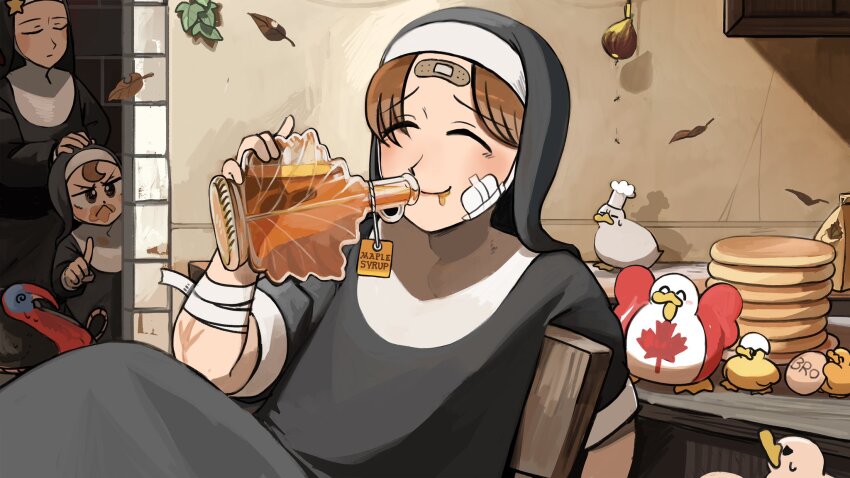 3girls @_@ baby_animal bandaged_arm bandages bandaid bandaid_on_face bandaid_on_forehead bird brown_eyes brown_hair canadian_flag canadian_flag_print chef_hat chicken closed_eyes commentary diva_(hyxpk) drinking duck duckling egg english_commentary flag_print food froggy_nun_(diva) habit hat highres hungry_nun_(diva) little_nuns_(diva) maple_syrup multiple_girls nun pancake pancake_stack sitting slice_of_life star_nun_(diva) star_ornament traditional_nun turkey_(bird)