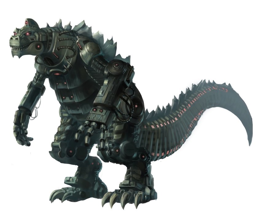 absurdres bad_tag cable cannon full_body giant giant_monster giant_robot glowing glowing_eyes godzilla_(series) hand_cannon highres kaiju leaning_forward legendary_pictures mecha mechagodzilla missile_launcher monster no_humans ready_player_one red_eyes robot sharp_teeth simple_background spikes tail teeth toho ultra-taf weapon white_background