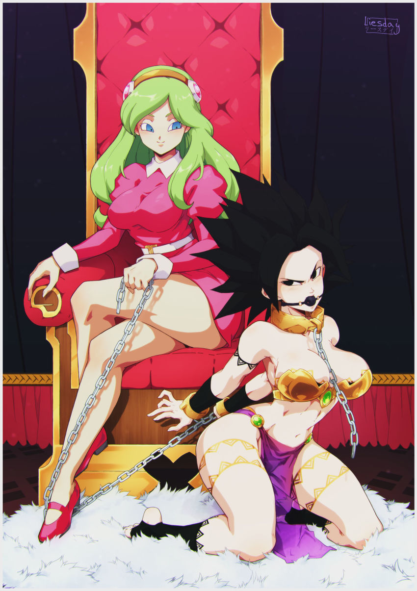 2girls ball_gag bdsm belly_dancer bikini black_hair bondage bound brianne_de_chateau caulifla chain collar dragon_ball dragon_ball_super femdom gag gagged green_hair highres leash ledy multiple_girls saiyan slave swimsuit yuri