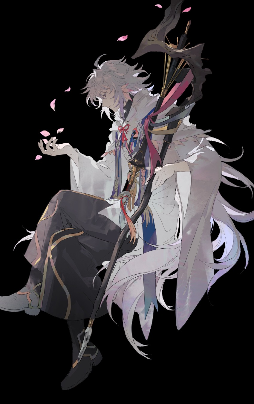 1boy absurdres bishounen black_background black_pants black_shoes closed_mouth crossed_legs fate/grand_order fate_(series) from_side hair_ornament highres holding holding_staff invisible_chair male_focus merlin_(fate) mimulishizi pants petals profile purple_eyes robe shoes simple_background sitting solo staff white_hair white_robe wide_sleeves