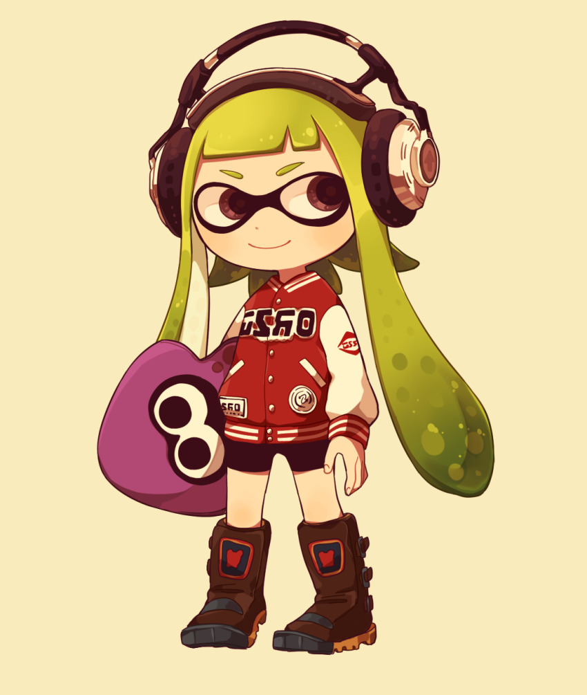 1girl arms_at_sides bike_shorts black_shorts boots brown_boots brown_eyes closed_mouth clothes_writing commentary deformed full_body green_hair headphones highres holding holding_stuffed_toy inkling inkling_(language) inkling_girl inkling_player_character jacket knee_boots letterman_jacket long_hair long_sleeves looking_to_the_side ma-to nintendo red_jacket shorts simple_background smile solo splatoon_(series) splatoon_1 standing stuffed_squid stuffed_toy symbol-only_commentary tentacle_hair twintails white_sleeves yellow_background