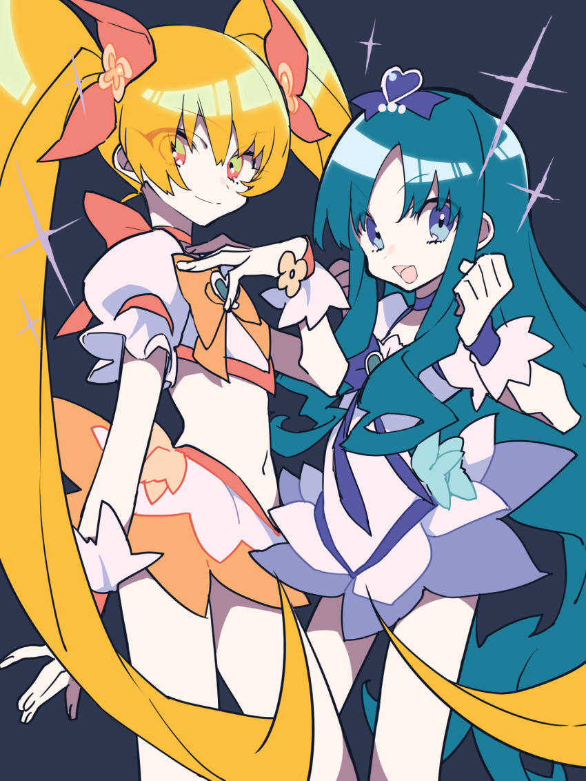 2girls aqua_flower aqua_hair bare_legs beads black_bow blonde_hair blue_bow blue_bowtie blue_choker blue_eyes blue_ribbon blue_wrist_cuffs bow bow_choker bowtie brooch choker closed_mouth cowboy_shot crop_top cure_marine cure_sunshine dot_nose dress dress_flower eyelashes eyes_visible_through_hair flower flower_dress flower_skirt frilled_sleeves frilled_wrist_cuffs frills green_brooch green_eyes hair_beads hair_bow hair_flower hair_ornament hair_ribbon happy heart heart_brooch heart_hair_ornament heartcatch_precure! highres jewelry kurumi_erika long_hair long_sidelocks magical_girl midriff miniskirt mochizuki_kei multicolored_eyes multiple_girls myoudouin_itsuki open_mouth orange_bow orange_choker orange_wrist_cuffs parted_bangs precure puffy_short_sleeves puffy_sleeves red_eyes ribbon shirt short_dress short_sleeves sidelocks simple_background skirt smile sparkle standing twintails two-tone_eyes two-tone_skirt very_long_hair wavy_hair white_dress white_shirt white_skirt white_sleeves wrist_cuffs wrist_flower yellow_bow yellow_bowtie yellow_flower yellow_ribbon yellow_skirt