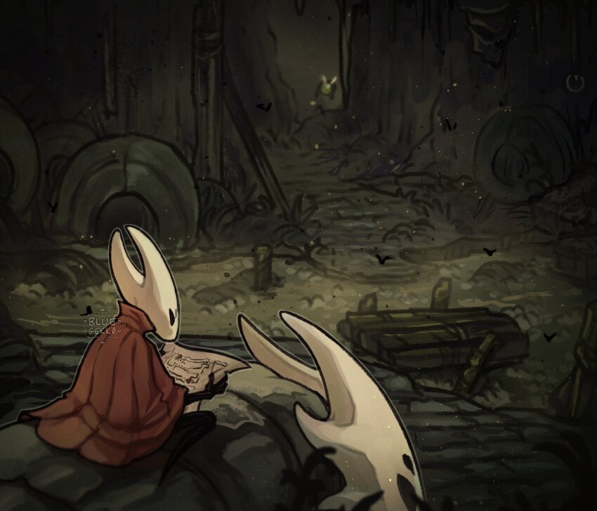1girl absurdres arthropod_girl artist_name being_lost bell_beast_(hollow_knight) black_eyes black_skin blank_eyes cloak colored_skin female_focus from_behind furrowed_brow furry furry_female gekko_(bluegekk0) highres holding holding_map hollow_knight hollow_knight:_silksong hornet_(hollow_knight) hut map mud outdoors outline reading red_cloak riding sitting swamp_squit_(hollow_knight) watermark white_outline