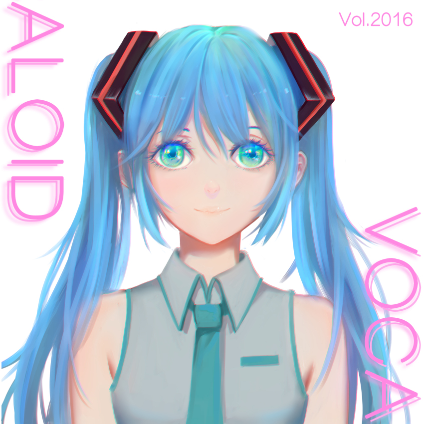 1girl 2016 blue_eyes blue_hair blue_necktie breast_pocket chromatic_aberration closed_mouth collared_shirt commentary_request copyright_name eyelashes grey_shirt hatsune_miku highres huhv. long_hair looking_at_viewer necktie pocket school_uniform serafuku shirt sleeveless sleeveless_shirt smile solo twintails vocaloid white_background