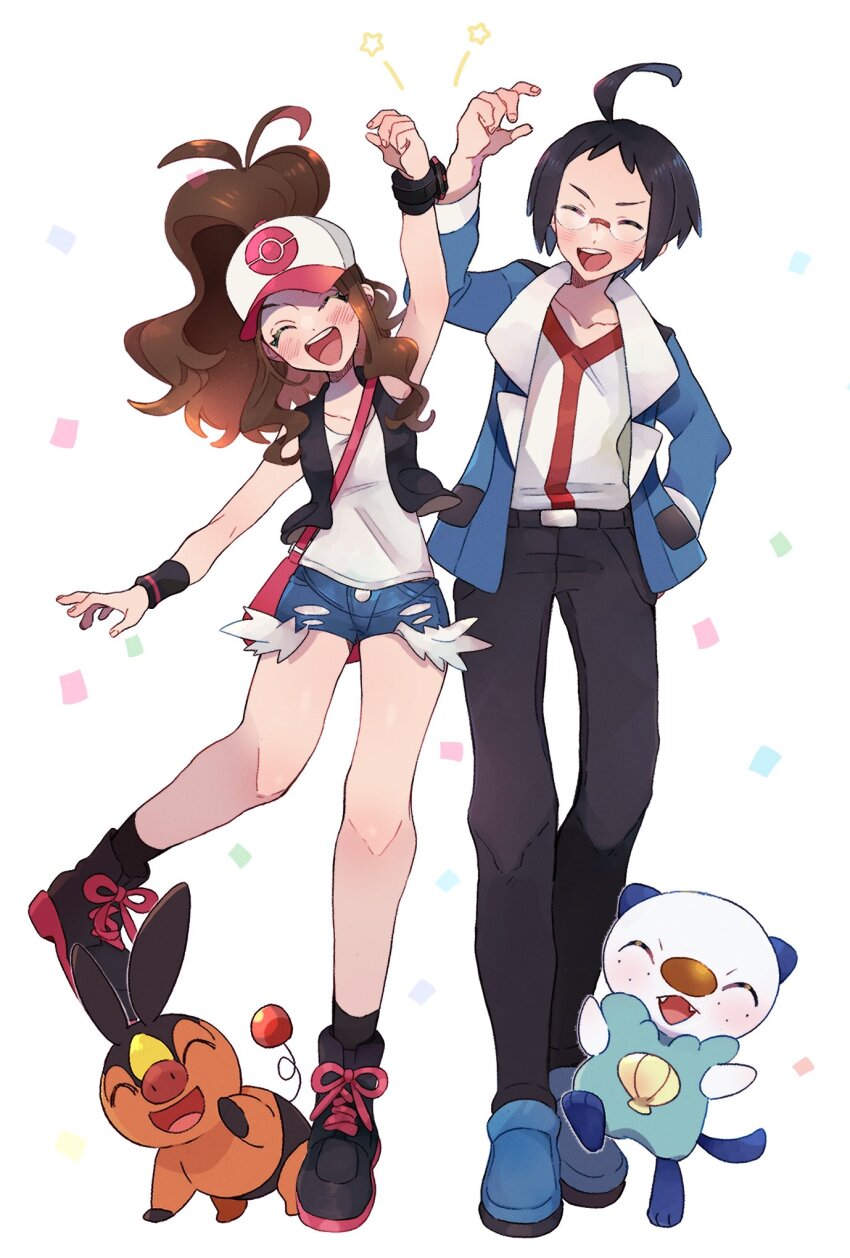 1boy 1girl ahoge baseball_cap black_hair black_pants brown_hair cheren_(pokemon) closed_eyes denim denim_shorts gen_5_pokemon glasses hand_in_pocket hat high_ponytail highres hilda_(pokemon) jacket long_hair misha_(ohds101) nintendo open_mouth oshawott pants pokemon pokemon_bw ponytail shirt short_hair short_shorts shorts sidelocks smile tepig vest white_shirt wristband