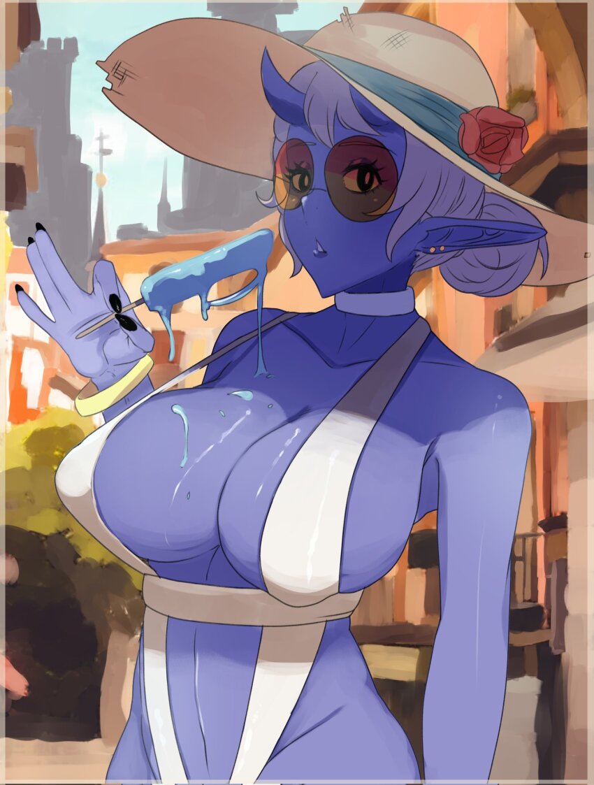 1girl black_eyes black_nails blue_skin breasts choker city cleavage colored_skin commentary earrings english_commentary expressionless fingernails flower food grey_hair hair_bun hat hat_flower highres holding holding_food holding_popsicle horns jewelry large_breasts looking_at_viewer melting_popsicle open_mouth orange-tinted_eyewear original pointy_ears popsicle red_flower red_rose rose short_hair single_hair_bun skin-covered_horns slingshot_swimsuit solo stud_earrings sun_hat sunglasses swimsuit tinted_eyewear upper_body weeze white_choker white_slingshot_swimsuit