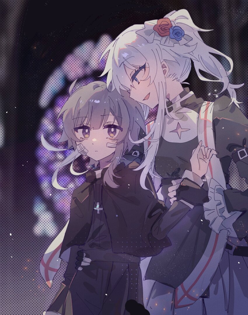 1boy 1girl :d bandage_on_face bandages black_gloves blue_eyes blurry blurry_background fingerless_gloves flower gloves hair_flower hair_ornament haku_eckaran happy_saint_sheol highres holding_another&#039;s_wrist light_frown looking_at_another okamo_(oakm071) open_mouth ponytail purple_eyes purple_hair securett_rafe sidelocks smile stained_glass white_hair