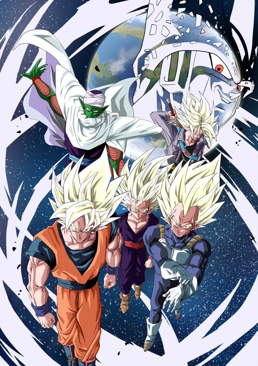 absurdres cell_(dragon_ball) dragon_ball earth_(planet) highres multiple_boys muscular muscular_male piccolo planet serious smug son_gohan son_goku super_saiyan sword trunks_(dragon_ball) trunks_(future)_(dragon_ball) vegeta weapon