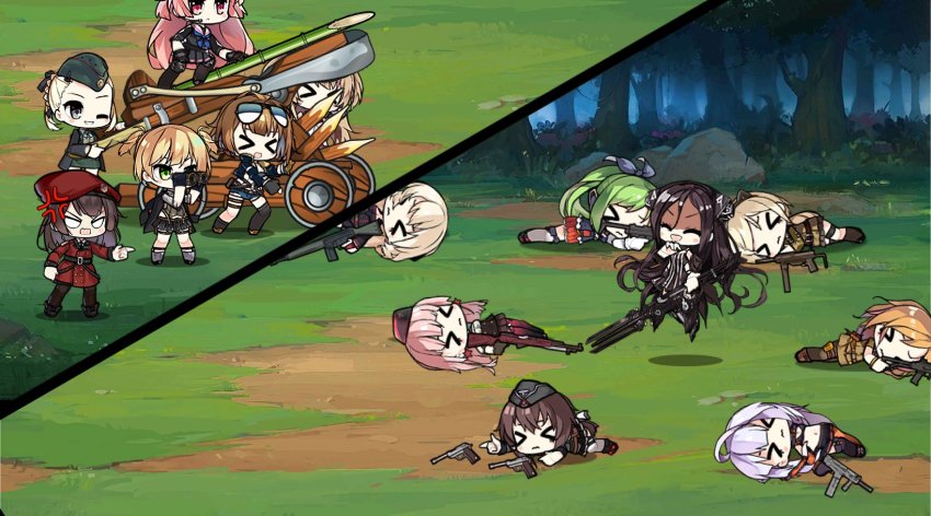 &gt;_&lt; 6+girls anger_vein bamboo beret black_hair black_skirt blonde_hair blunt_bangs brown_hair chibi closed_mouth commander_(girls&#039;_frontline) corset dreamer_(girls&#039;_frontline) eyewear_on_head female_commander_(girls&#039;_frontline) galil_(girls&#039;_frontline) girls&#039;_frontline gloves green_eyes green_hair griffin_&amp;_kryuger_military_uniform grizzly_mkv_(girls&#039;_frontline) gun h&amp;k_mark_23 hat highres holding holding_gun holding_weapon long_hair long_sleeves lying m3_(girls&#039;_frontline) match_grade match_grade_firearm match_grade_pistol military military_uniform mk23_(girls&#039;_frontline) multiple_girls ntw-20_(girls&#039;_frontline) offensive_handgun on_back on_stomach one_eye_closed open_mouth pink_eyes pink_hair sangvis_ferri short_hair short_twintails simonov_(girls&#039;_frontline) skirt standing sunglasses the_mad_mimic twintails weapon welrod_mkii_(girls&#039;_frontline) white_gloves