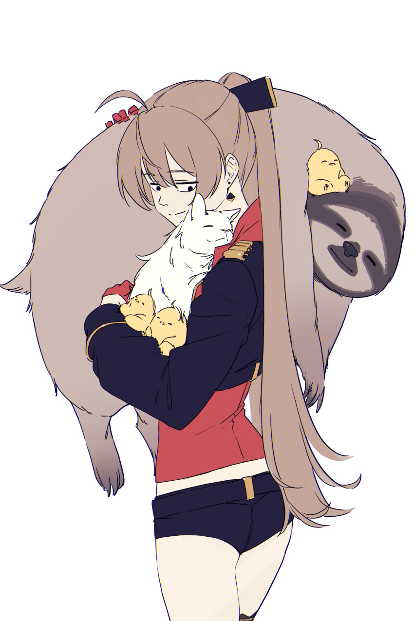 1girl absurdres ahoge animal ass azur_lane belt bird black_belt black_jacket black_shorts brown_hair cat cowboy_shot cropped_jacket earrings gloves hair_between_eyes half_gloves hatski.sin highres holding holding_animal jacket jean_bart_(azur_lane) jewelry long_hair long_sleeves manjuu_(azur_lane) ponytail red_gloves short_shorts shorts simple_background single_thighhigh sloth_(animal) thighhighs thighs very_long_hair white_background