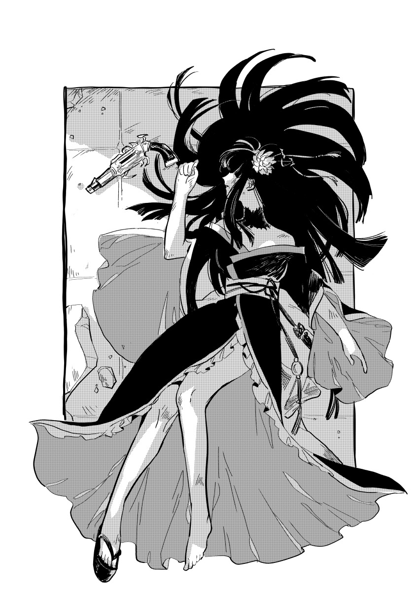 1girl absurdres bare_shoulders border bruise_on_arm bruise_on_leg final_fantasy final_fantasy_xiv frilled_kimono frills from_above full_body greyscale gun hair_spread_out highres hyur japanese_clothes kimono knees_together_feet_apart long_hair lying monochrome obi obijime off_shoulder on_back outside_border parted_lips sandals sash senoura_korafu single_bare_foot solo weapon white_border yotsuyu_goe_brutus