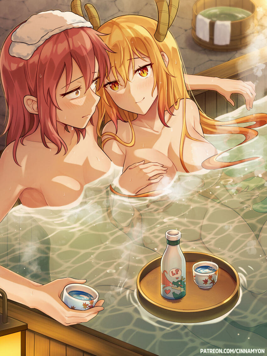 2girls absurdres blonde_hair bottle breasts bucket choko_(cup) cinnamyon commentary convenient_censoring cup dragon_girl dragon_horns dragon_tail english_commentary floating_tray gradient_hair highres horns in_water kobayashi-san_chi_no_maidragon kobayashi_(maidragon) large_breasts leaning_on_person looking_at_another medium_breasts multicolored_hair multiple_girls nude onsen orange_eyes partially_submerged red_hair sake_bottle same-sex_bathing shared_bathing slit_pupils smile steam steam_censor tail tohru_(maidragon) towel towel_on_head water wooden_bucket wooden_tray yuri