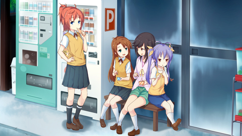 4girls 53c_(ray_cordova) black_hair black_socks blue_shorts blue_skirt brown_footwear brown_hair ichijou_hotaru kneehighs koshigaya_komari koshigaya_natsumi loafers long_hair miyauchi_renge multiple_girls non_non_biyori orange_hair pleated_skirt ponytail purple_hair purple_shirt ramune school_uniform shirt shoes short_hair shorts skirt socks sweater_vest twintails vending_machine white_shirt white_socks