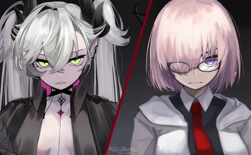 2girls absurdres artist_name black_background black_cloak black_shirt body_markings breasts choker cloak closed_mouth collared_shirt colored_extremities crossed_bangs demon_girl demon_horns ear_piercing fate/grand_order fate_(series) frill_inferno glaring glasses green_eyes hair_around_horn hair_on_horn hair_over_one_eye highres hood hood_down hoodie horns lilith_(fate) lilith_(second_ascension)_(fate) long_hair long_sleeves looking_at_another mash_kyrielight multiple_girls necktie piercing purple_eyes purple_hair red_necktie shaded_face shadow shirt short_hair signature staring tattoo_between_breasts teeth white_hoodie white_shirt