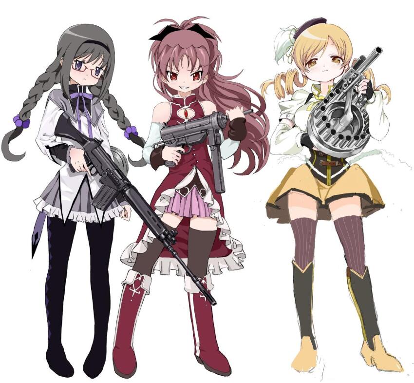 akemi_homura akemi_homura_(magical_girl) battle_rifle black_hair braid detached_sleeves drill_hair fn_fal full_body glasses gun holding holding_gun holding_weapon long_hair m3_submachine_gun magical_girl mahou_shoujo_madoka_magica rifle sakura_kyoko sakura_kyoko_(magical_girl) short_sleeves sleeveless submachine_gun tomoe_mami tomoe_mami_(magical_girl) toshi_(little-fluffy-cloud) twin_braids twin_drills weapon