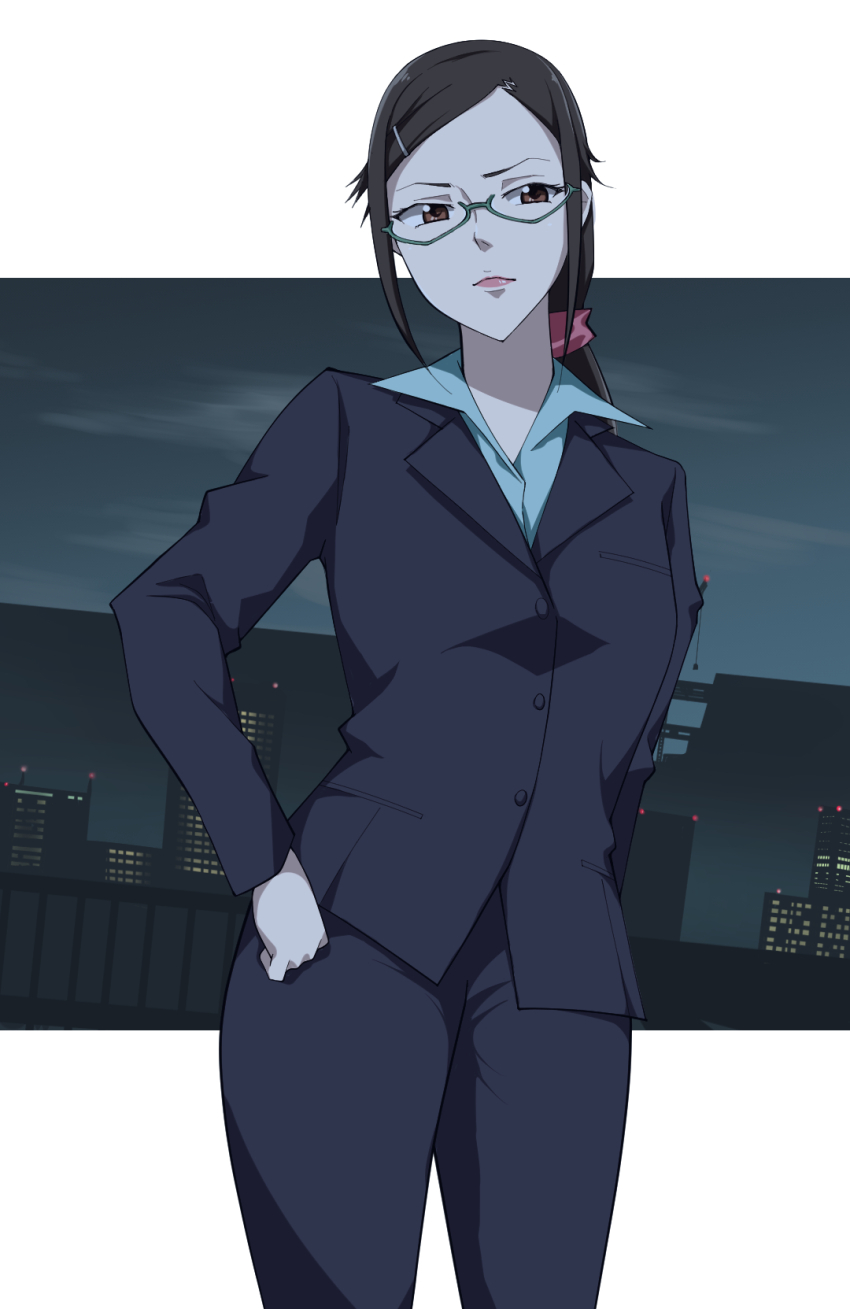 1girl black_hair black_jacket black_pants blue_shirt brown_eyes collared_shirt darker_than_black formal_clothes glasses green-framed_eyewear hair_ornament hairclip highres jacket kirihara_misaki long_hair masegohan pant_suit pants ponytail semi-rimless_eyewear shirt solo suit swept_bangs under-rim_eyewear wing_collar