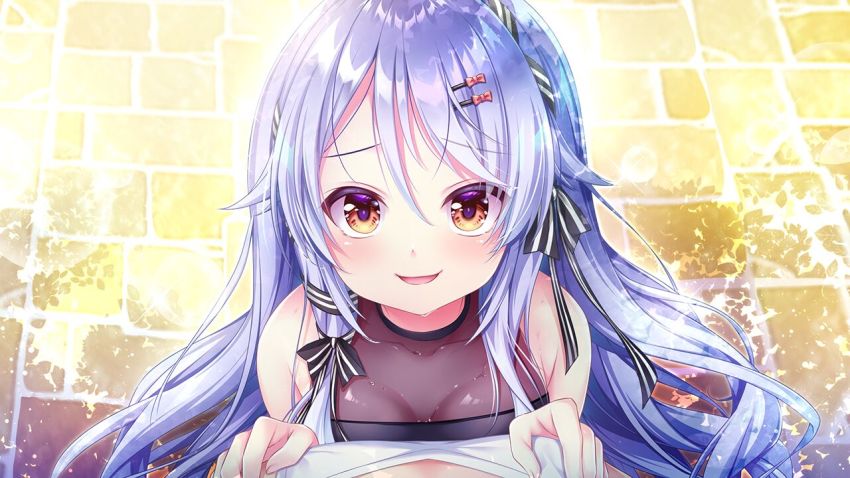 1girl :d bare_arms bow breast_press breasts brown_eyes cleavage collarbone day floating_hair from_above game_cg grey_hair hair_bow hair_ribbon hoshi_no_otome_to_rikka_no_shimai long_hair looking_at_viewer mutou_kurihito nanotaro open_mouth outdoors pink_bow pov ribbon shirt small_breasts smile solo_focus striped_ribbon very_long_hair white_shirt yamabuki_alice