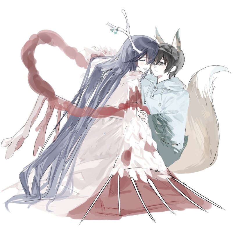 2boys animal_ears antler_ring antlers black_hair blue_hair bochishiraita branch closed_eyes double-parted_bangs e.g.o_(project_moon) face-to-face fox_ears fox_tail grin hair_between_eyes hand_on_another&#039;s_arm highres hong_lu_(project_moon) hood hood_down hoodie horns limbus_company long_hair multiple_boys one_eye_closed project_moon raincoat sidelocks smile sunshower_(e.g.o) tail tears_of_the_tarnished_blood_(e.g.o) very_long_hair white_background yi_sang_(project_moon)